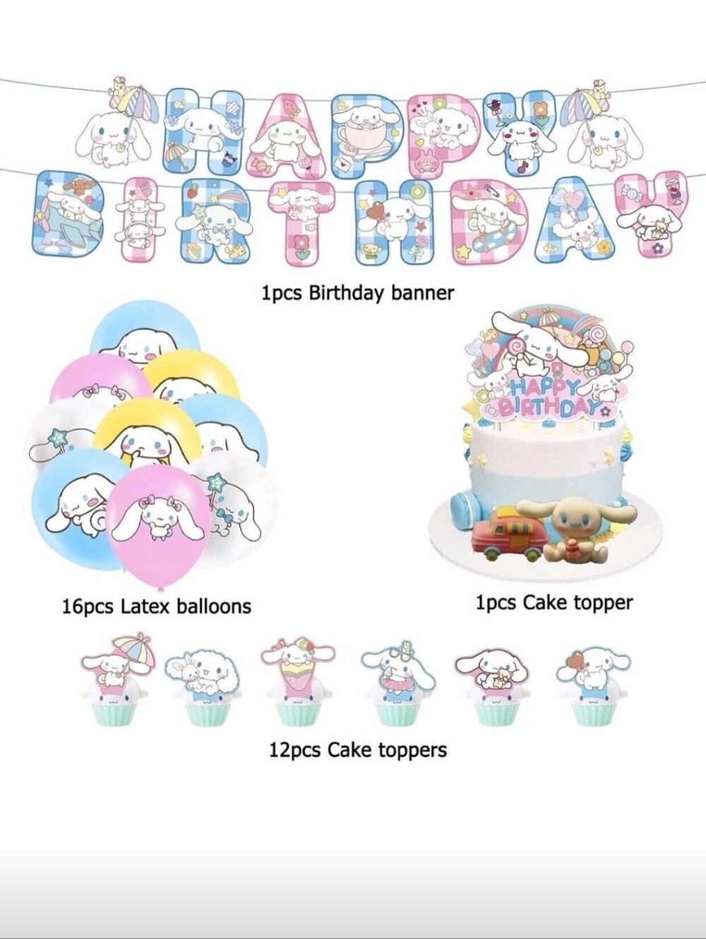 Sanrio Cinnamoroll Pastel Party Banner & Balloon Set - Pink Blue Yellow
